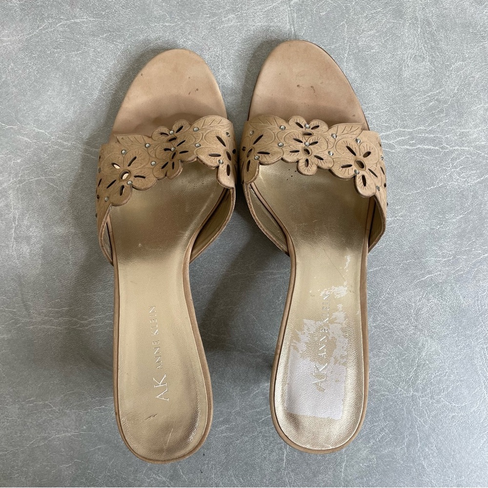 Anne Klein Tan Perforated Leather Floral Heels with Rhinestone Embellishment - Picture 7 of 11